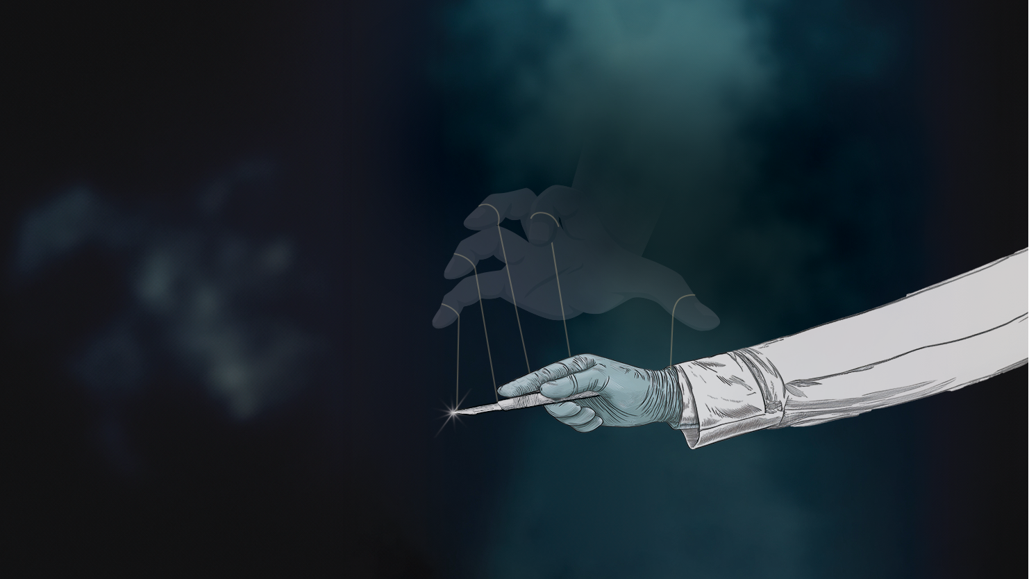 Ominous hand controlling a surgeon's hand with puppet strings